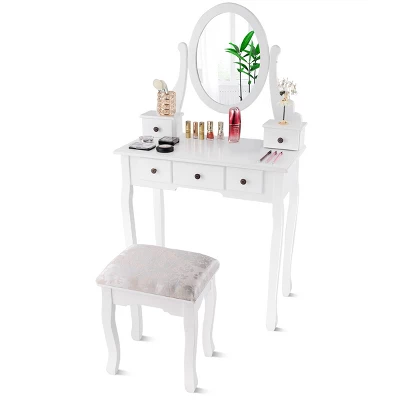 Costway Makeup Desk Vanity Dressing Table Oval Stool 5 Storage Drawers 10 Costway Makeup Desk Vanity Dressing Table Oval Stool 5 Storage Drawers - Image 8