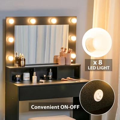 Costway Vanity Table Set With Lighted Mirror 8 LED Bulbs Large Drawer Cushion Stool 6 Costway Vanity Table Set With Lighted Mirror 8 LED Bulbs Large Drawer Cushion Stool - Image 4