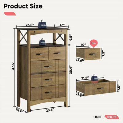 Bestier Rustic Storage Cabinet Organizer Table With 2 Display Shelves And 5 Drawers For Living Room, Office, Bedroom, Or Hallway, Brown 4 Bestier Rustic Storage Cabinet Organizer Table With 2 Display Shelves And 5 Drawers For Living Room, Office, Bedroom, Or Hallway, Brown - Image 2