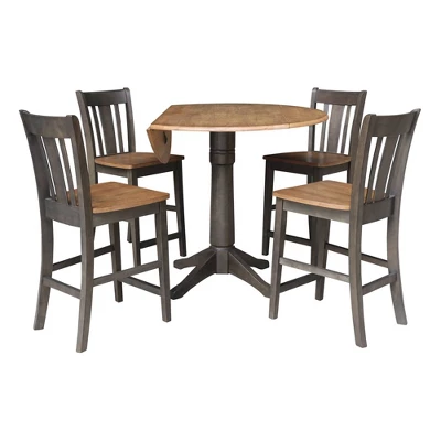 42" Round Dual Drop Leaf Counter Height Dining Table With 4 Splat Back Stools Hickory/Washed Coal - International Concepts 4 42" Round Dual Drop Leaf Counter Height Dining Table With 4 Splat Back Stools Hickory/Washed Coal - International Concepts - Image 2