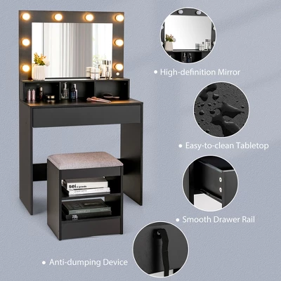 Costway Vanity Table Set With Lighted Mirror 8 LED Bulbs Large Drawer Cushion Stool 7 Costway Vanity Table Set With Lighted Mirror 8 LED Bulbs Large Drawer Cushion Stool - Image 5