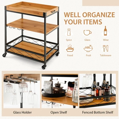 Costway 3-Tier Wine Bar Cart Rolling Rack Serving Trolley Detachable Top & Glass Holder 7 Costway 3-Tier Wine Bar Cart Rolling Rack Serving Trolley Detachable Top & Glass Holder - Image 5