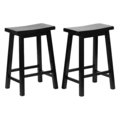 PJ Wood Classic Saddle-Seat 24" Tall Kitchen Counter Stools For Homes, Dining Spaces, And Bars W/Backless Seats, 4 Square Legs, Black (Set Of 4)