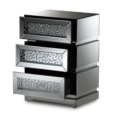 Sabrina Hollywood Regency Glamour Style Mirrored 3 - Drawer Nightstand - Baxton Studio 3 Sabrina Hollywood Regency Glamour Style Mirrored 3 - Drawer Nightstand - Baxton Studio