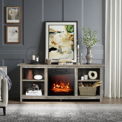 Costway 58'' 2-Tier Fireplace TV Stand W/18'' Electric Fireplace Up To 65'' Grey 4 Costway 58'' 2-Tier Fireplace TV Stand W/18'' Electric Fireplace Up To 65'' Grey - Image 2