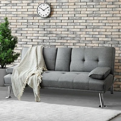 Costway Convertible Folding Futon Sofa Bed Fabric W/2 Cup Holders Light Gray/Dark Gray 5 Costway Convertible Folding Futon Sofa Bed Fabric W/2 Cup Holders Light Gray/Dark Gray - Image 3