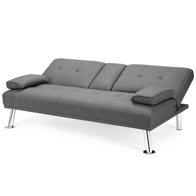 Costway Convertible Folding Futon Sofa Bed Fabric W/2 Cup Holders Light Gray/Dark Gray 6 Costway Convertible Folding Futon Sofa Bed Fabric W/2 Cup Holders Light Gray/Dark Gray - Image 4