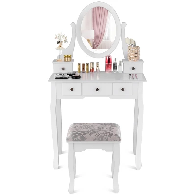 Costway Makeup Desk Vanity Dressing Table Oval Stool 5 Storage Drawers 11 Costway Makeup Desk Vanity Dressing Table Oval Stool 5 Storage Drawers - Image 9