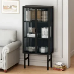 61.61" High Contemporary Glass Door Cabinet With Two Levels Of Storage, Black - ModernLuxe