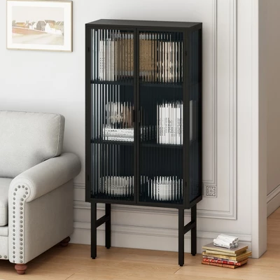 61.61" High Contemporary Glass Door Cabinet With Two Levels Of Storage, Black - ModernLuxe 3 61.61" High Contemporary Glass Door Cabinet With Two Levels Of Storage, Black - ModernLuxe