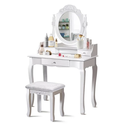 Costway White Vanity Wood Makeup Dressing Table Stool 3 Drawer 8 Costway White Vanity Wood Makeup Dressing Table Stool 3 Drawer - Image 6