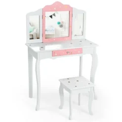 Costway Kids Vanity Princess Makeup Dressing Table Chair Set W/ Tri-folding Mirror -Furniture Shop GUEST 3a8afdd1 ccf5 4465 91f0 7b3ea40cc919