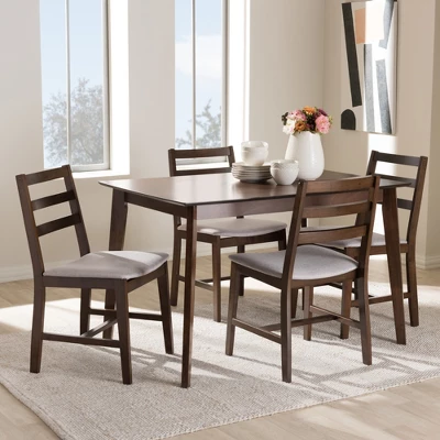 5pc Nadine Modern And Contemporary Walnut Finished Fabric Upholstered Dining Set Light Gray, Brown - Baxton Studio 5 5pc Nadine Modern And Contemporary Walnut Finished Fabric Upholstered Dining Set Light Gray, Brown - Baxton Studio - Image 3