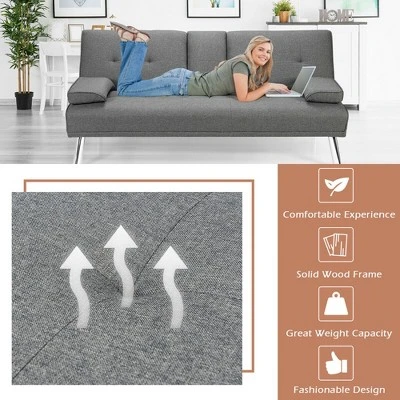 Costway Convertible Folding Futon Sofa Bed Fabric W/2 Cup Holders Light Gray/Dark Gray 8 Costway Convertible Folding Futon Sofa Bed Fabric W/2 Cup Holders Light Gray/Dark Gray - Image 6