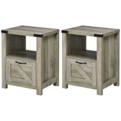 HOMCOM Farmhouse Side Table With 1 Drawer, 1 Open Shelf And Tabletop For Living Room, Set Of 2, Gray Oak -Furniture Shop GUEST 3d5501b6 f0b2 4bc9 8d7f 49b0e6ca031f