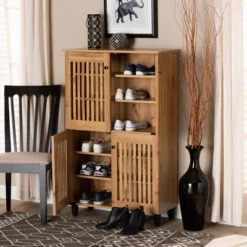 Fernanda Wood 4 Door Storage Cabinet Oak Brown/Black - Baxton Studio -Furniture Shop GUEST 401f89da 5571 4595 afdd c478a32cc7b0