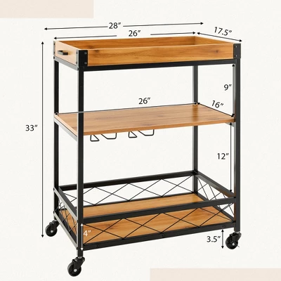 Costway 3-Tier Wine Bar Cart Rolling Rack Serving Trolley Detachable Top & Glass Holder 4 Costway 3-Tier Wine Bar Cart Rolling Rack Serving Trolley Detachable Top & Glass Holder - Image 2