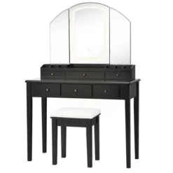 Costway Vanity Table Stool Set Large Tri-folding Lighted Mirror 6 Drawer Dresser WhiteBlack -Furniture Shop GUEST 43680495 703d 4a6f 9cf9 2cda55196efa