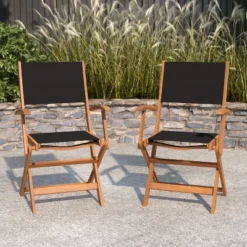 Merrick Lane Set Of 2 Indoor/Outdoor Acacia Wood Folding Patio Bistro Armchairs With Black Textilene Mesh Back And Seat, Natural