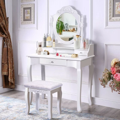Costway White Vanity Wood Makeup Dressing Table Stool 3 Drawer 4 Costway White Vanity Wood Makeup Dressing Table Stool 3 Drawer - Image 2