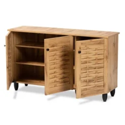 Winda Wood 3 Door Shoe Cabinet Oak Brown/Black - Baxton Studio