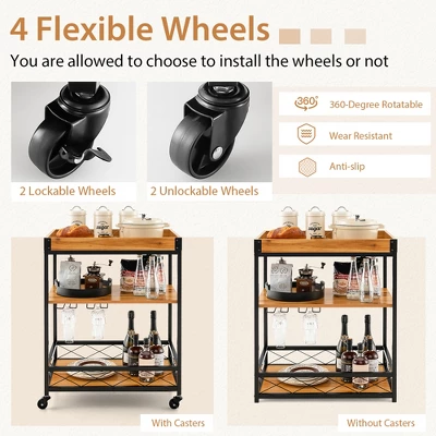 Costway 3-Tier Wine Bar Cart Rolling Rack Serving Trolley Detachable Top & Glass Holder 9 Costway 3-Tier Wine Bar Cart Rolling Rack Serving Trolley Detachable Top & Glass Holder - Image 7