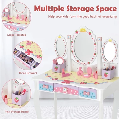 Costway Kids Vanity Princess Makeup Dressing Table Chair Set W/ Tri-fold Mirror White 8 Costway Kids Vanity Princess Makeup Dressing Table Chair Set W/ Tri-fold Mirror White - Image 6