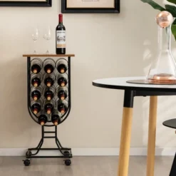 Costway 14 Bottles Wine Rack Console Table Freestanding Wine Storage With Woodtop & Wheels -Furniture Shop GUEST 5e087852 cef3 4879 a309 484cd8ae0145