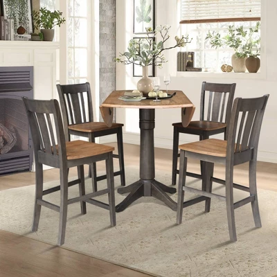 42" Round Dual Drop Leaf Counter Height Dining Table With 4 Splat Back Stools Hickory/Washed Coal - International Concepts 7 42" Round Dual Drop Leaf Counter Height Dining Table With 4 Splat Back Stools Hickory/Washed Coal - International Concepts - Image 5