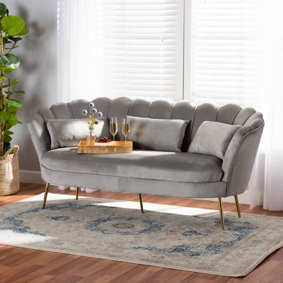 Genia Velvet Fabric Upholstered And Metal Sofa Gray/Gold - Baxton Studio 4 Genia Velvet Fabric Upholstered And Metal Sofa Gray/Gold - Baxton Studio - Image 2