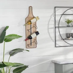 Wood Bottle Shaped 4 Bottle Wall Wine Rack With Beaded Frame Brown - Olivia & May