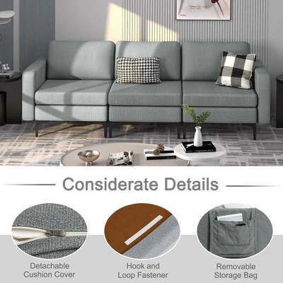 Costway Modern Modular 3-Seat Sofa Couch W/ Side Storage Pocket & Metal Leg GreenGrey 7 Costway Modern Modular 3-Seat Sofa Couch W/ Side Storage Pocket & Metal Leg GreenGrey - Image 5