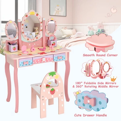Costway Kids Vanity Princess Makeup Dressing Table Chair Set W/ Tri-fold Mirror Pink 9 Costway Kids Vanity Princess Makeup Dressing Table Chair Set W/ Tri-fold Mirror Pink - Image 7