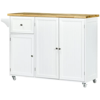 HOMCOM Triple-Cabinet Rolling Kitchen Island On Wheels, Kitchen Cart With Storage Shelf Adjustment, Rolling Utility Cart Wood, Big Drawer, White 5 HOMCOM Triple-Cabinet Rolling Kitchen Island On Wheels, Kitchen Cart With Storage Shelf Adjustment, Rolling Utility Cart Wood, Big Drawer, White - Image 3