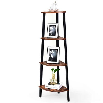 Tangkula 4-layers Corner Shelf Metal Storage Rack Bookcase Display Stand Wood 5 Tangkula 4-layers Corner Shelf Metal Storage Rack Bookcase Display Stand Wood - Image 3