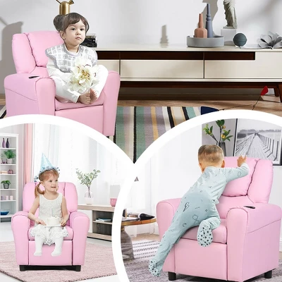Costway Kids Recliner Armchair Children's Furniture Sofa Seat Couch Chair W/Cup Holder Pink 5 Costway Kids Recliner Armchair Children's Furniture Sofa Seat Couch Chair W/Cup Holder Pink - Image 3