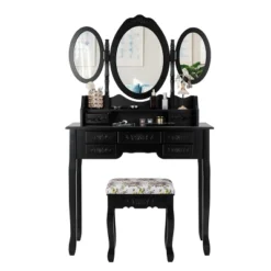 Tangkula Tri-Folding Mirror Vanity Makeup Set Dressing Table & Stool Unit W/ 7 Drawer -Furniture Shop GUEST 7b46e1a1 f79d 4802 968a 2b735d15a0ea
