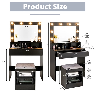 Costway Vanity Table Set With Lighted Mirror 8 LED Bulbs Large Drawer Cushion Stool 3 Costway Vanity Table Set With Lighted Mirror 8 LED Bulbs Large Drawer Cushion Stool