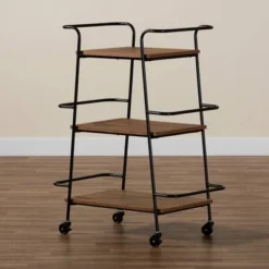 Small Bernard Rustic Industrial Metal And Wood 3 Tier Mobile Wine Bar Cart Black/Walnut - Baxton Studio -Furniture Shop GUEST 7b7ef752 ce3e 482f b796 fa2fd1bafbc6