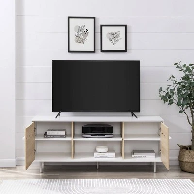Modern 2 Door TV Stand For TVs Up To 65" Solid White/Coastal Oak/White - Saracina Home 7 Modern 2 Door TV Stand For TVs Up To 65" Solid White/Coastal Oak/White - Saracina Home - Image 5