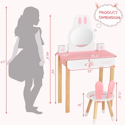 Costway Kids Vanity Set Rabbit Makeup Dressing Table Chair Set W/ Mirror Drawer WhitePink 5 Costway Kids Vanity Set Rabbit Makeup Dressing Table Chair Set W/ Mirror Drawer WhitePink - Image 3