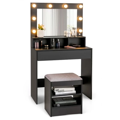 Costway Vanity Table Set With Lighted Mirror 8 LED Bulbs Large Drawer Cushion Stool 10 Costway Vanity Table Set With Lighted Mirror 8 LED Bulbs Large Drawer Cushion Stool - Image 8