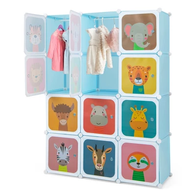 Costway 12-Cube Kids Wardrobe Baby Dresser Bedroom Armoire Clothes Hanging Closet With Door Blue/Pink 12 Costway 12-Cube Kids Wardrobe Baby Dresser Bedroom Armoire Clothes Hanging Closet With Door Blue/Pink - Image 10