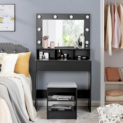 Costway Vanity Table Set With Lighted Mirror 8 LED Bulbs Large Drawer Cushion Stool 4 Costway Vanity Table Set With Lighted Mirror 8 LED Bulbs Large Drawer Cushion Stool - Image 2