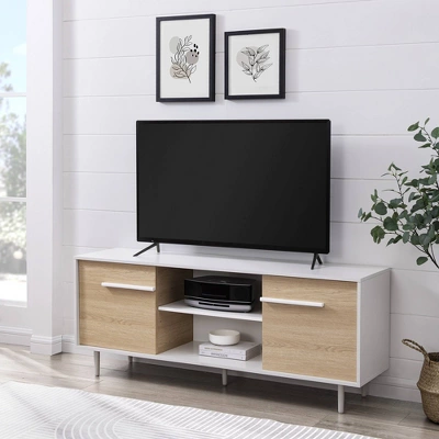 Modern 2 Door TV Stand For TVs Up To 65" Solid White/Coastal Oak/White - Saracina Home 3 Modern 2 Door TV Stand For TVs Up To 65" Solid White/Coastal Oak/White - Saracina Home