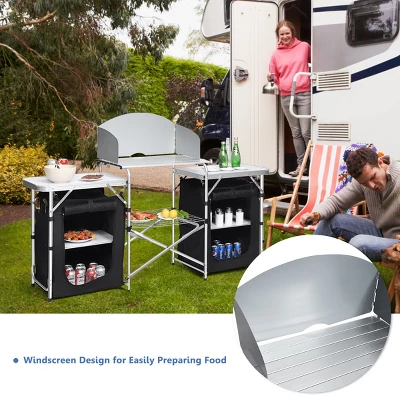 Costway Folding Portable Aluminum Camping Grill Table W/ Storage Organizer Windscreen Black 6 Costway Folding Portable Aluminum Camping Grill Table W/ Storage Organizer Windscreen Black - Image 4
