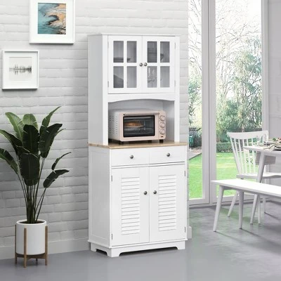 HOMCOM 67" Modern Buffet With Hutch, Louvered Kitchen Pantry Microwave Cabinet With Framed Glass Doors And 2 Drawers, White 4 HOMCOM 67" Modern Buffet With Hutch, Louvered Kitchen Pantry Microwave Cabinet With Framed Glass Doors And 2 Drawers, White - Image 2
