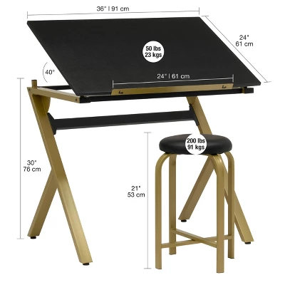 2pc Stellar Drawing Table With 36" Adjustable Top With Stool Set Black/Gold - Studio Designs 19 2pc Stellar Drawing Table With 36" Adjustable Top With Stool Set Black/Gold - Studio Designs - Image 17