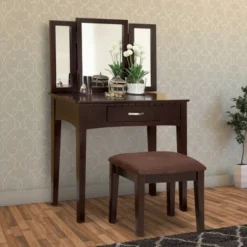 Wooden Vanity Table With 3 Panel Mirror And Padded Stool Brown - Benzara -Furniture Shop GUEST 9619d486 9469 49f5 901a a7a4f84b9d76