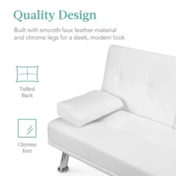 Best Choice Products Modern Faux Leather Convertible Futon Sofa W/ Removable Armrests, Metal Legs, 2 Cupholders - White -Furniture Shop GUEST 9e717f59 c899 43a7 aa7c e998c6ba72ad